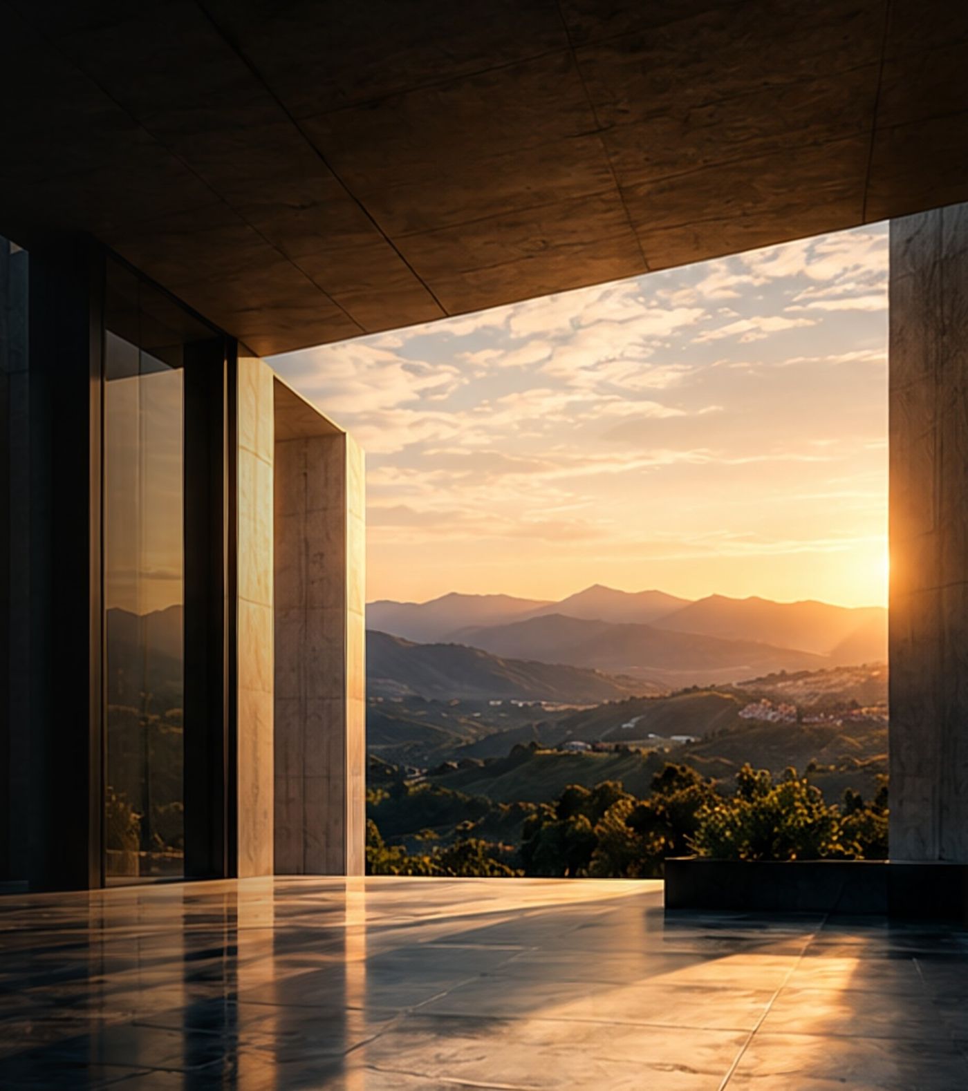 Pórtico de concreto aberto para um vale ao pôr do sol